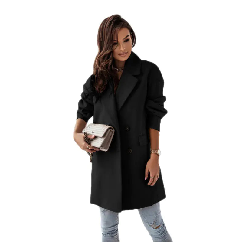 Double-breasted Woolen Coat with Blazer Collar