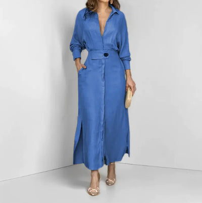 Style V-Neck Long Sleeve Lapel Slim Midi Dress